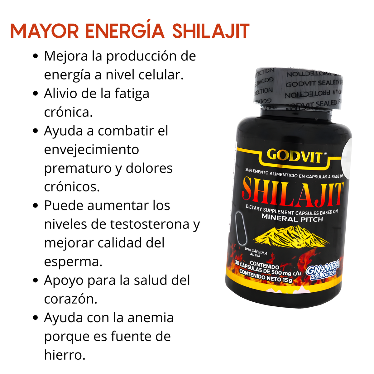 Godvit Shilajit – 30 Cápsulas 500mg | Energía y Vitalidad