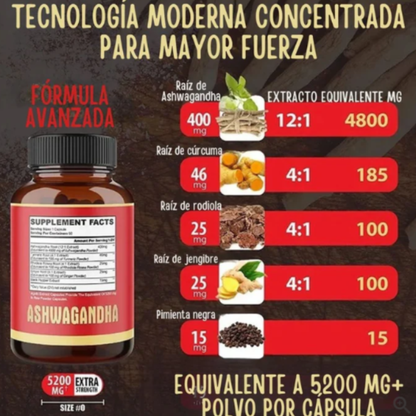 Ashwagandha Extra Strength 5200mg - 90 Cápsulas | 3 Meses de Suministro | 5 Ingredientes Naturales