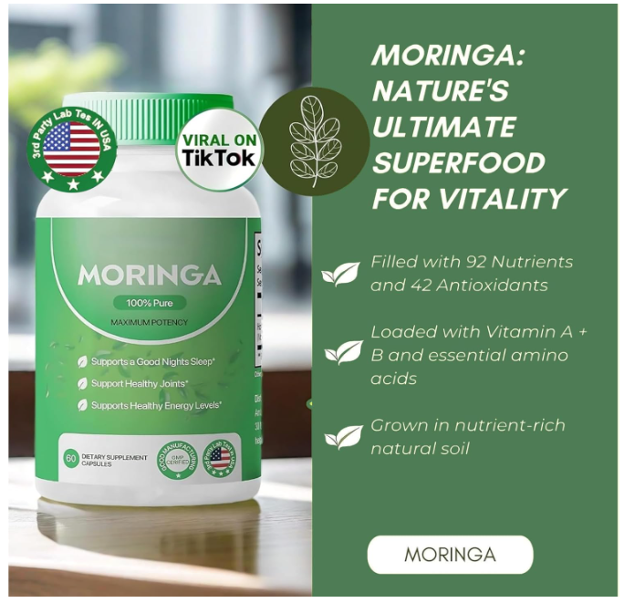 Moringa Orgánica Premium USA - 60 Cápsulas | Suplemento Dietético de Máxima Potencia