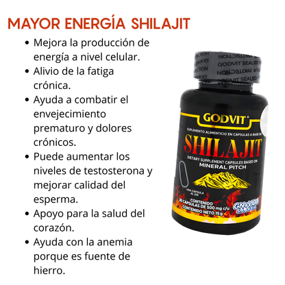 Godvit Shilajit – 30 Cápsulas 500mg | Energía y Vitalidad