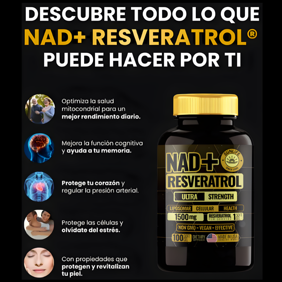 NAD+ Resveratrol Ultra Strength 1500mg - 100 Cápsulas Premium USA | Anti-Envejecimiento
