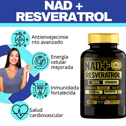 NAD+ Resveratrol Ultra Strength 1500mg - 100 Cápsulas Premium USA | Anti-Envejecimiento